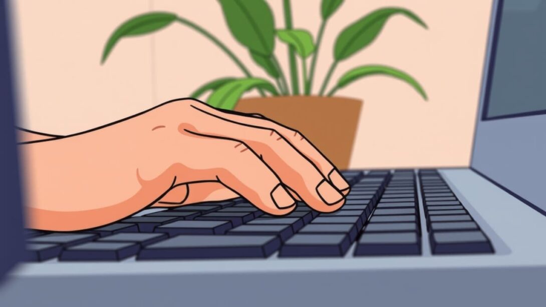 A close-up of hands typing on a keyboard with a plant in the background